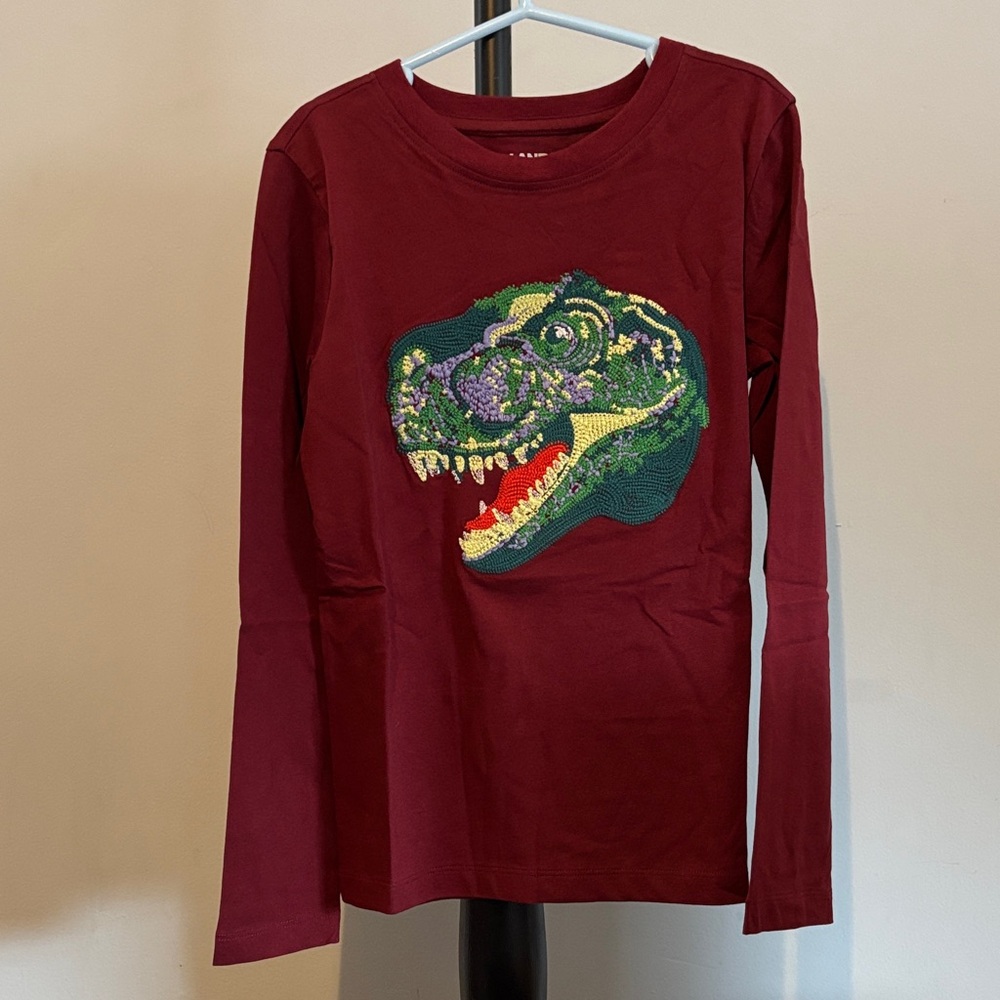 Lands’ End Kids Long-Sleeve Burgundy Dinosaur Tee - Trex Embroider Long Sleeve